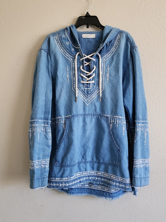 Blank NYC Tops - BLANKNYC Embroidered Denim Hooded Lace Up Boho Anorak Pullover Jacket XS